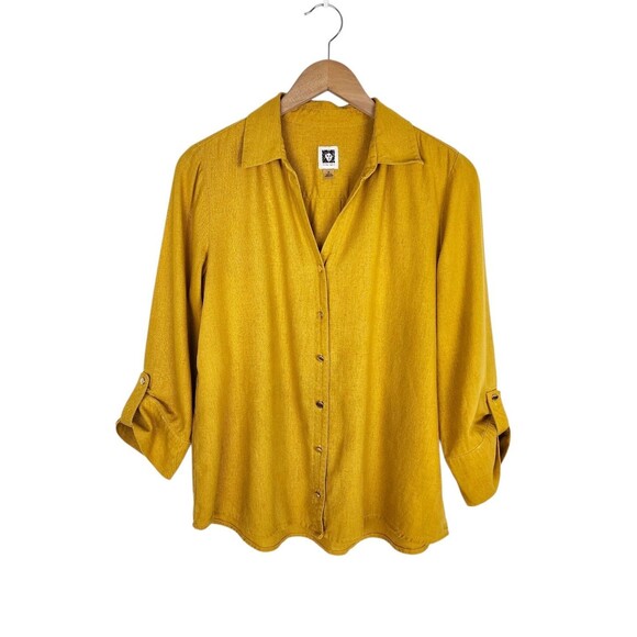Anne Klein Tops - Anne Klein Linen blend yellow mustard button-up blouse roll-tab sleeves size M